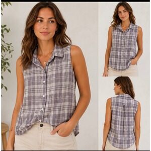 Old Ranch Organic Purple Cotton Plaid Sleeveless Button‎ Front Top Fair Trade S